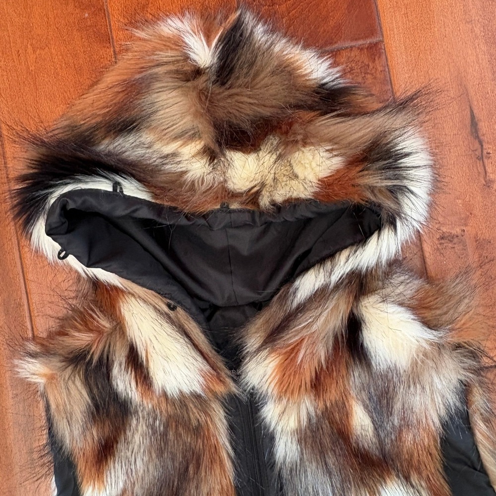 American Eagle Brown Multi Color Faux Fur Hooded‎ Zip Vest Small RN 54485 - Picture 5 of 8